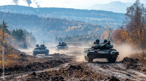 Military Tanks Rolling Through Autumnal Landscape