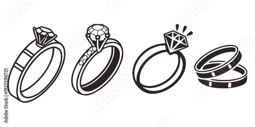 Four distinct rings displayed in a row, each with unique designs and embellishments. Vector