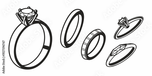 A collection of elegant rings with diamonds and gemstones displayed in a row Vector