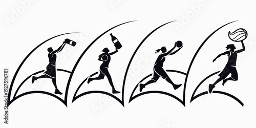 Athletes performing a long jump in a sequence of four frames Vector