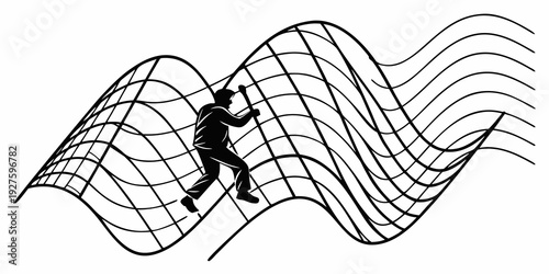 A black and white illustration of a person climbing a steep, wavy mountain Vector