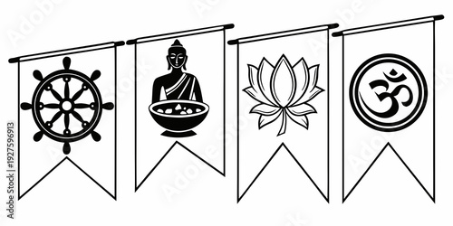 Four flags with various religious symbols on a white background Vector