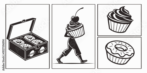 A collection of images featuring a cake, a cupcake, and a person holding a cake. Vector