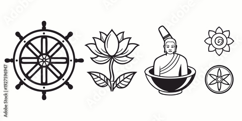 Marine life and nature symbols illustrated in a circular arrangement Vector