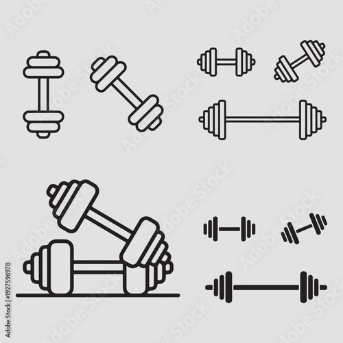 Line art illustration of various dumbbells and barbells for fitness