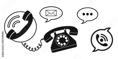 Black and white illustration of two telephones and two speech bubbles. Vector