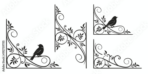 Elegant black and white birds perched on ornate swirl designs Vector