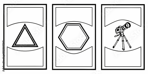 Geometric shapes and a camera on a tripod in three separate frames. Vector