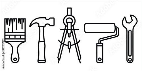 Set Of Five Line Art Tools Paintbrush Hammer Compass Roller Wrench collection illustration