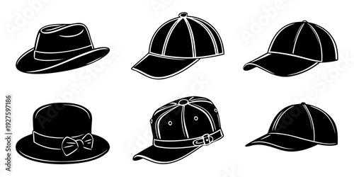 A collection of various hat styles and designs in black and white Vector