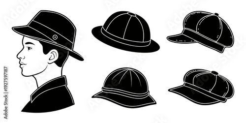 A collection of various types of hats displayed in a circular arrangement. Vector