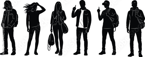 Diverse group of young people in casual jackets jeans backpacks pointing gesturing hair flip confident poses black silhouette vector illustration