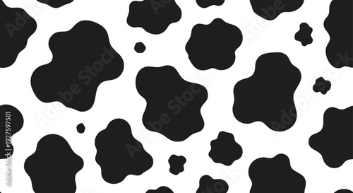 Seamless black and white cowhide pattern with irregular organic black spots on a white background