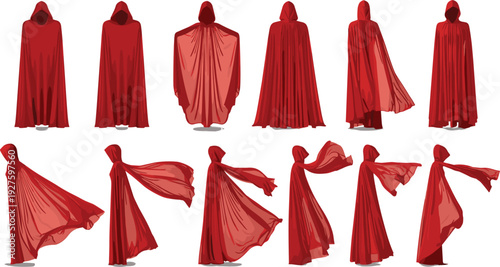 Collection of red cloaks and capes in various poses and movements vector illustration