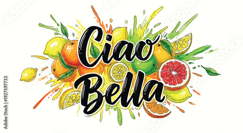 Vibrant Ciao Bella logo featuring a colorful splatter of citrus fruits including oranges, lemons, and grapefruits on a white background, perfect for branding and advertising materials.