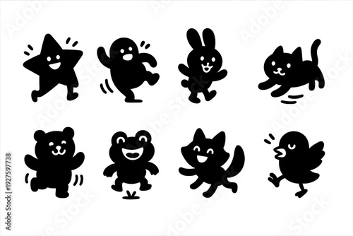 Joyful Doodle Icons. Joyful motion doodles. Filled icon set of Joyful motion doodles: dancing star critter,