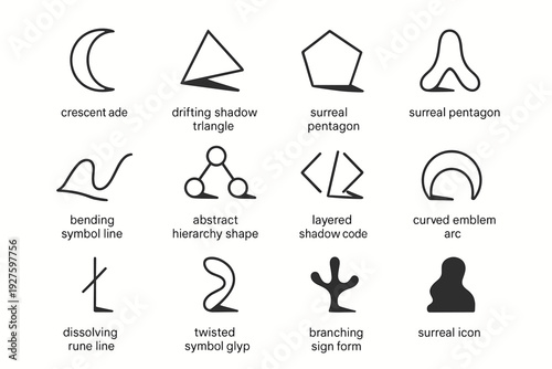 Surreal Shadow Motifs Grid. Surreal symbolic shadow motifs. Line outline icon set of Surreal symbolic shadow