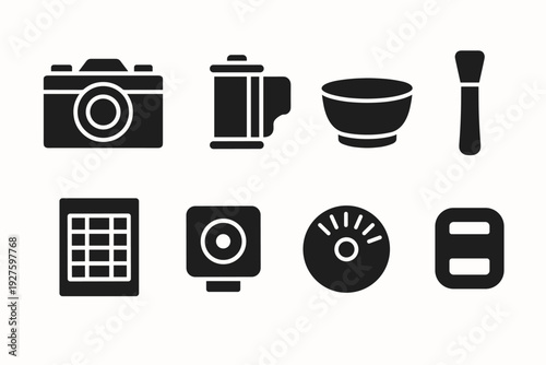 Vintage Camera Icon Set. Vintage camera table setup. Filled icon set of vintage camera table setup: tabletop