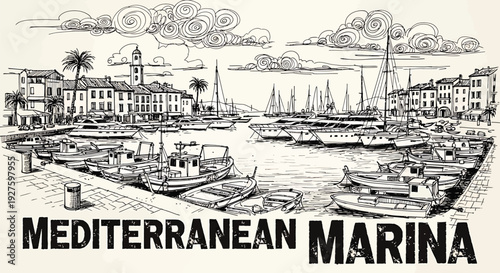 A serene Mediterranean marina scene with boats docked at the pier, surrounded by buildings and palm trees under a cloudy sky, perfect for travel and tourism use.