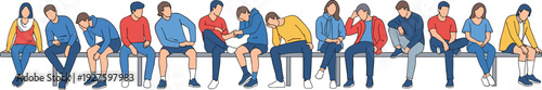 Diverse group of young people sitting on bench in row casual outfits thoughtful tired poses waiting together colorful illustration team lineup
