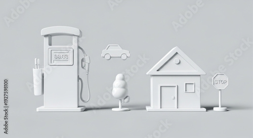 White miniature gas station, house, car, tree, and street sign on a gray background.