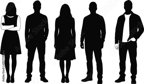 Diverse group people silhouettes, women in dress, men in jacket pants, casual standing poses, black shadow figures vector illustration, modern characters