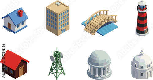 Isometric buildings and landmarks icon set featuring house, office tower, wooden bridge, lighthouse, cabin, radio antenna, domed pavilion and mosque isolated on white background