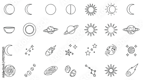 Space themed illustration icons collection, beautifully designed and hand drawn featuring celestial elements and cosmic symbols for any astronomy related project or educational material needs.