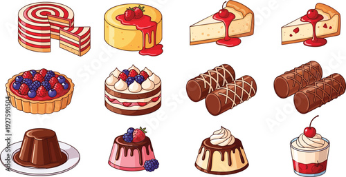 Sweet Dessert Icon Set Featuring Flat Vector Illustrations of Fruit Tarts Layered Cakes Chocolate Pudding Cheesecake and Wafer Rolls Isolated on White Background