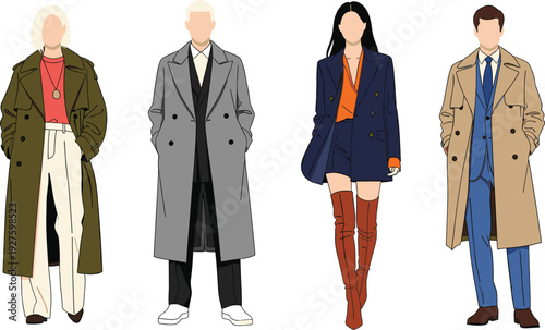 Diverse models in stylish trench coats, long overcoats, winter fashion outfits with boots, blazers, casual elegant layered looks illustration