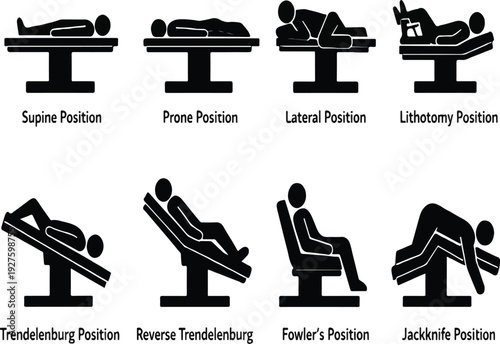 Medical Patient Position Icons Set – Supine, Prone, Lateral, Lithotomy, Trendelenburg, Reverse Trendelenburg, Fowler’s and Jackknife Positions – Black Solid Healthcare, Surgery and Hospital Bed Pictog