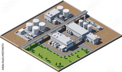 Isometric industrial factory complex with storage tanks, pipelines and processing buildings, illustrating manufacturing plant infrastructure,and 