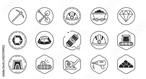 Mining industry icons depicting tools and equipment for resource extraction and processing.