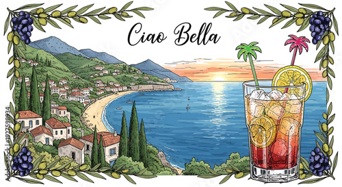 A colorful illustration of a refreshing summer cocktail with a scenic beach town and sunset in the background, perfect for travel and hospitality advertising.