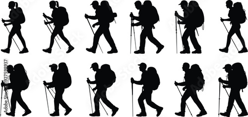 Large silhouette collection of hikers with backpacks and trekking poles in various walking poses isolated on white background for outdoor adventure concepts