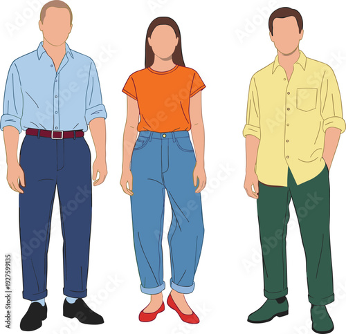 Group of diverse people in smart casual outfits walking forward together, flat vector illustration of multiracial characters isolated on white.
