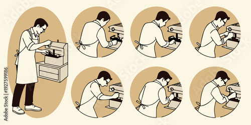 A woman with a long dress and a hat is surrounded by various circular images. Vector