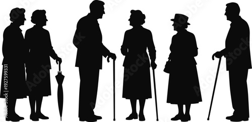Silhouettes of elderly people standing with canes and umbrella black white