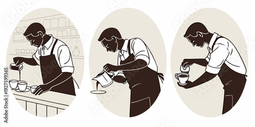 Three distinct black and white illustrations of people engaged in various activities Vector