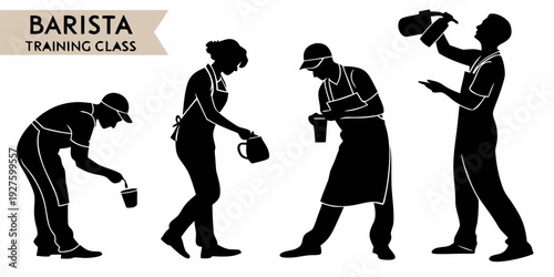 Illustration of a bartender performing various tasks behind a bar counter. Vector