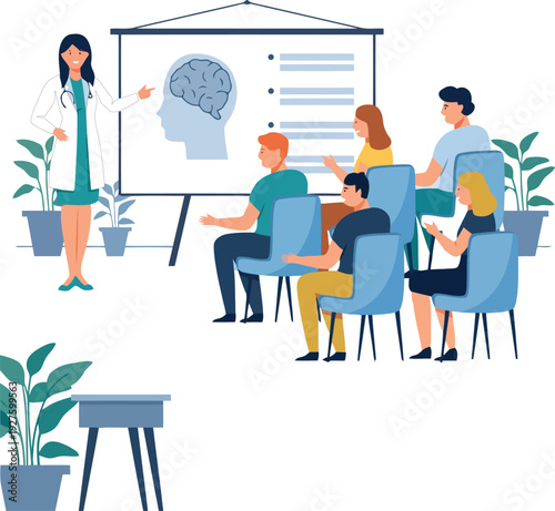 Doctor presenting brain health to an attentive audience group vector illustration.