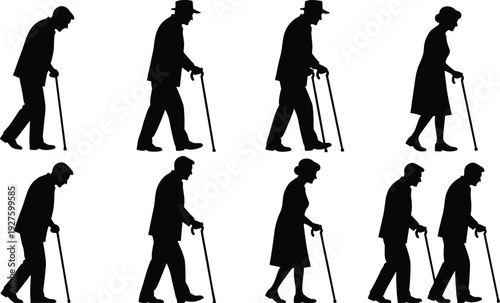 Silhouettes of elderly people walking with canes