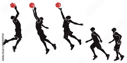 Athletes in mid-air performing a series of basketball dunks Vector