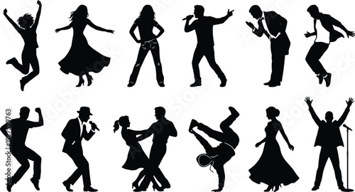 Collection of black silhouettes featuring singers dancers and performers in various action poses for music entertainment nightlife and stage show concepts