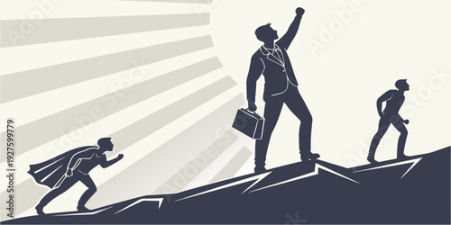 Three people climbing a mountain, representing leadership and teamwork Vector