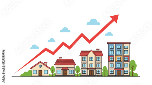 Real estate market growth is illustrated by a rising red arrow over various residential houses and buildings under a blue sky.