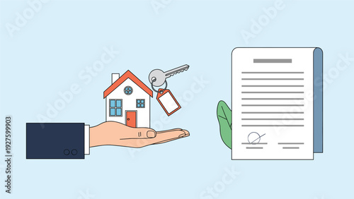 Hand holds a house model and keys next to a signed real estate contract for property sale, purchase, or rental agreement on a blue backdrop.