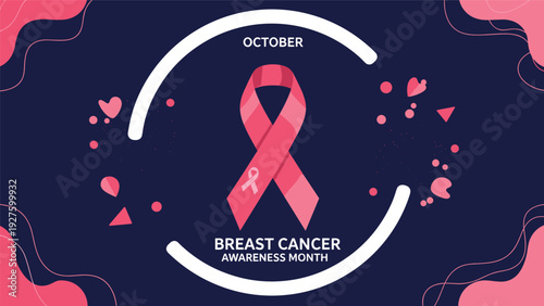 Pink ribbon symbol for Breast Cancer Awareness Month is displayed centrally with floral accents and supportive messages for health.