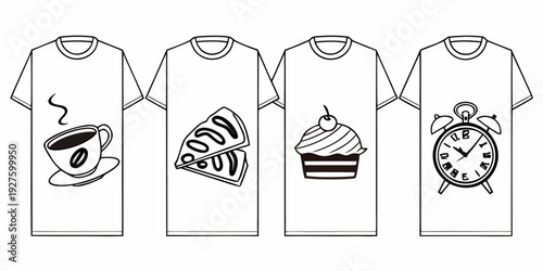 Four white t-shirts with different food-themed designs on them. Vector