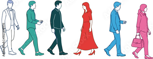 Diverse people walking side view line colorful outfits business casual men women vector illustration urban diversity motion